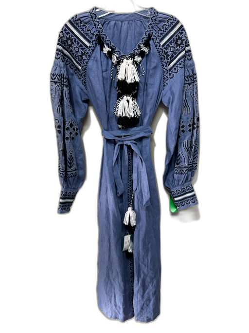 No Brand Size S/M Blue, White, Black Linen Blend Fringe trim Tassel Kaftan Dress Blue, White, Black / S/M