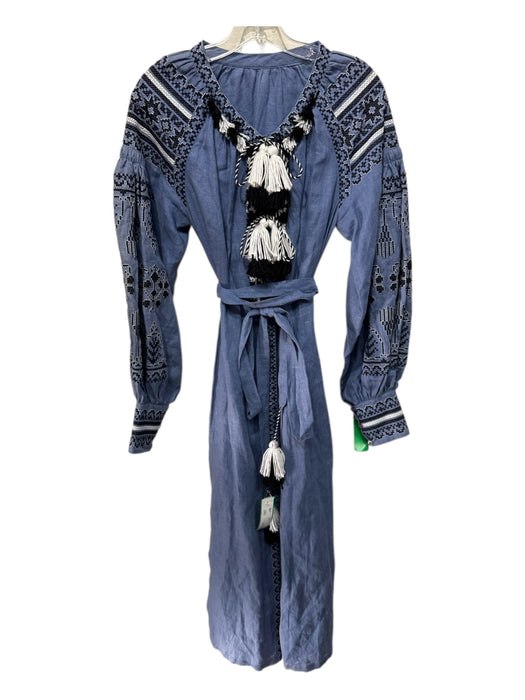 No Brand Size S/M Blue, White, Black Linen Blend Fringe trim Tassel Kaftan Dress Blue, White, Black / S/M