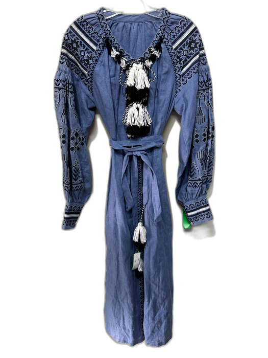 No Brand Size S/M Blue, White, Black Linen Blend Fringe trim Tassel Kaftan Dress Blue, White, Black / S/M