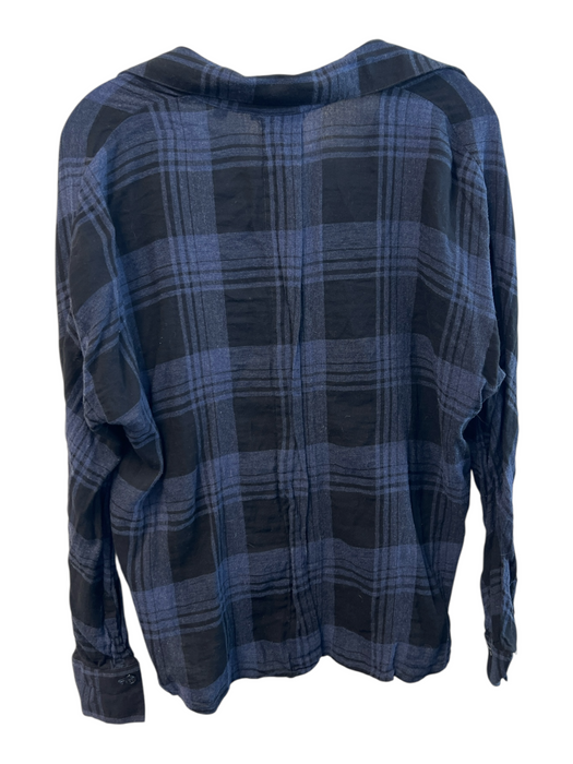 Vince Size M Navy Blue Cotton Blend Long Sleeve Plaid V Neck Button Down Top Navy Blue / M