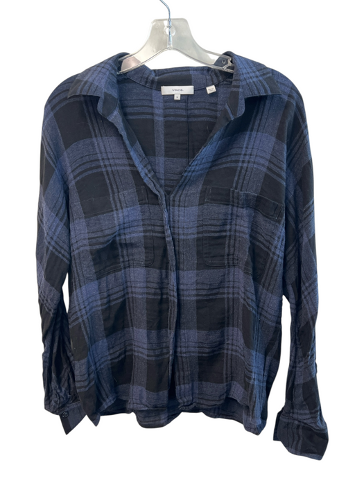 Vince Size M Navy Blue Cotton Blend Long Sleeve Plaid V Neck Button Down Top Navy Blue / M