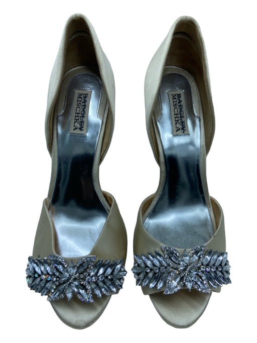 Badgley Mischka Shoe Size 8.5 Beige Satin Peep Toe Rhinestone Pumps Beige / 8.5