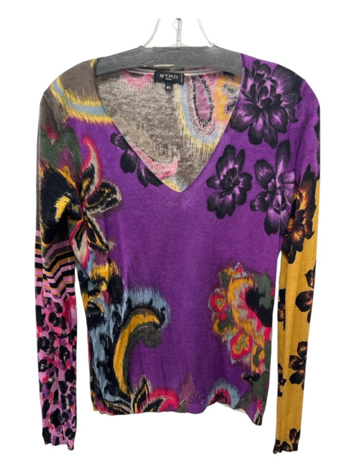 Etro Size 46 Purple & Multi Silk & Cashmere Long Sleeve V Neck Top Purple & Multi / 46