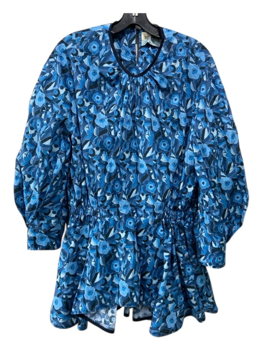 Tish Cox Size XXL Blue Print Cotton Floral Elastic Waist Long Sleeve Tunic Top Blue Print / XXL