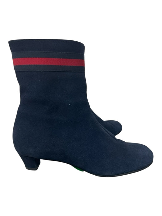 Gucci Navy Blue & Red Suede Web Stripe Kitten Heel Inner Side Zip Booties Navy Blue & Red