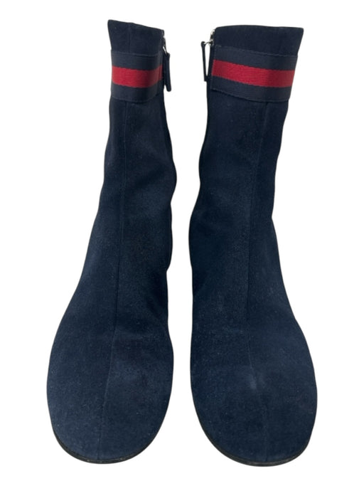 Gucci Navy Blue & Red Suede Web Stripe Kitten Heel Inner Side Zip Booties Navy Blue & Red