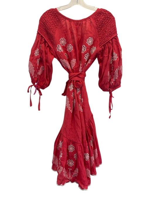 Innika Choo Size 1 Red & White Linen 1/2 Puff Sleeve Button Up Embroidered Dress Red & White / 1