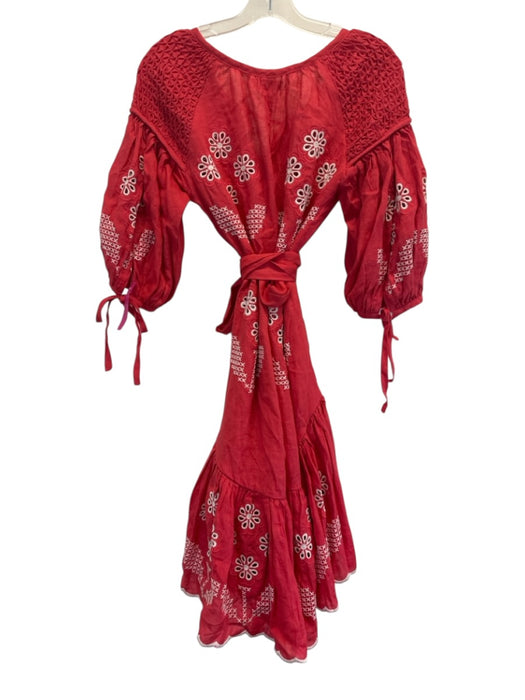 Innika Choo Size 1 Red & White Linen 1/2 Puff Sleeve Button Up Embroidered Dress Red & White / 1
