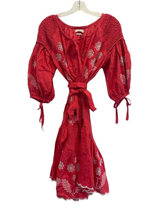 Innika Choo Size 1 Red & White Linen 1/2 Puff Sleeve Button Up Embroidered Dress Red & White / 1
