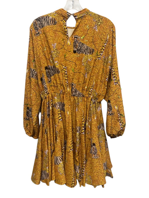 Rhode Size L Yellow, Brown, Multi Polyester Long puff sleeve Mock Neck Dress Yellow, Brown, Multi / L