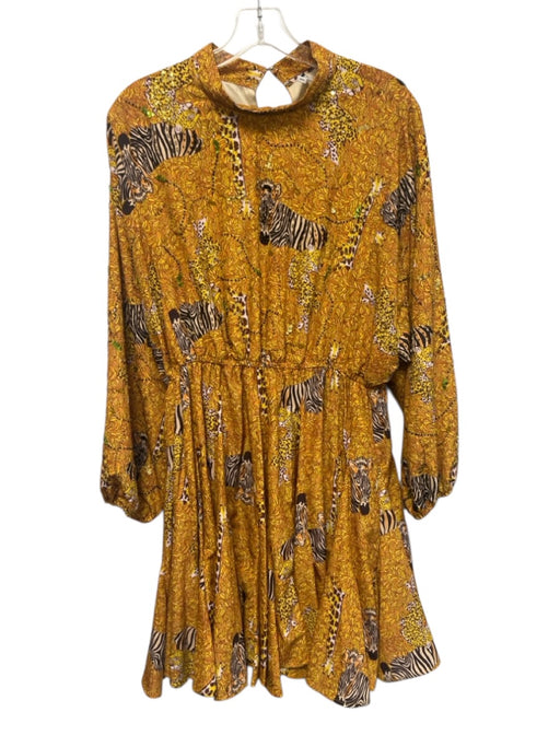 Rhode Size L Yellow, Brown, Multi Polyester Long puff sleeve Mock Neck Dress Yellow, Brown, Multi / L