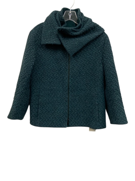Akris Punto Size 10 Teal Blue Wool Blend Woven Asymmetric Collar Full Zip Jacket Teal Blue / 10