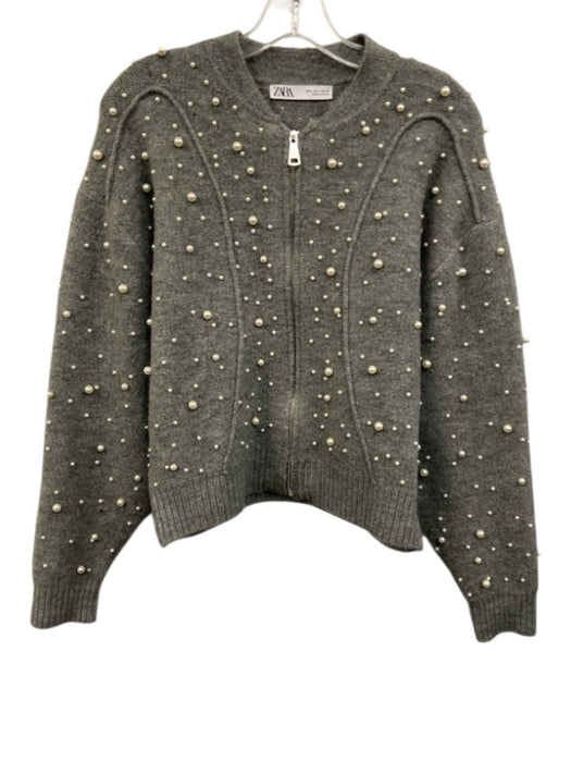 Zara Size L Gray acrylic wool blend Ribbed Trim Faux Pearl Zip Jacket Gray / L