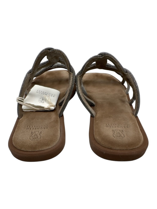 Brunello Cucinelli Shoe Size 40 Beige & Gunmetal Suede monili beading Sandals Beige & Gunmetal / 40