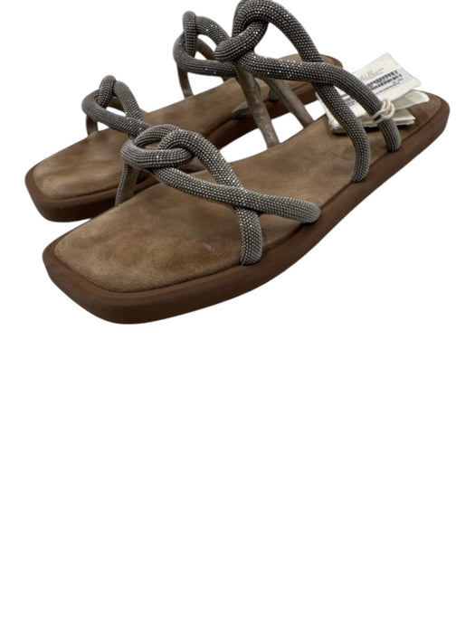 Brunello Cucinelli Shoe Size 40 Beige & Gunmetal Suede monili beading Sandals Beige & Gunmetal / 40