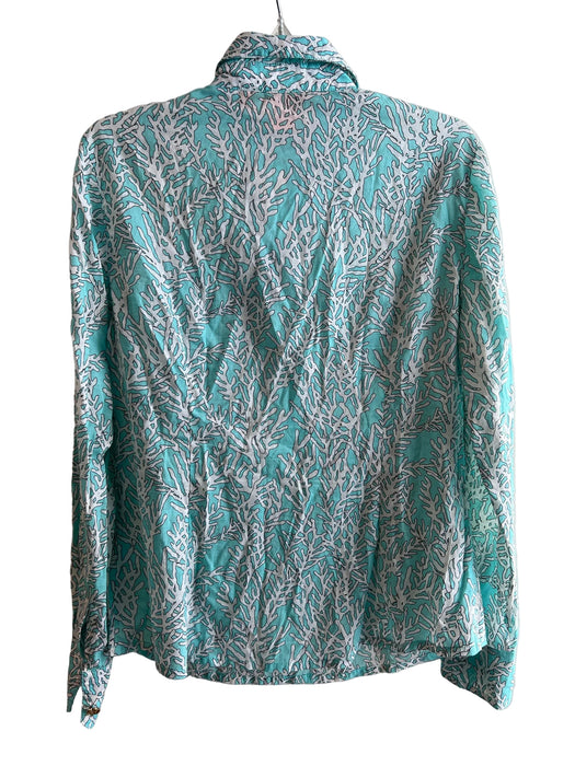 Tory Burch Size 12 Blue Cotton Coral Print Button Down Long Sleeve Top
