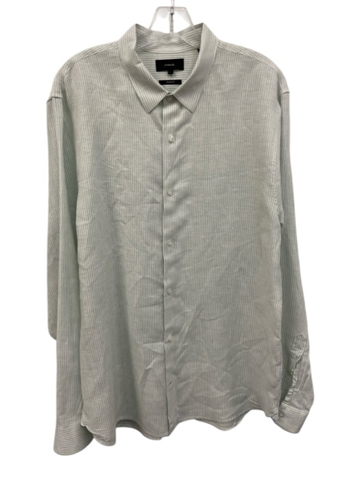 Vince Size L Green & White Linen Striped Button Down Men's Long Sleeve Shirt Green & White / L