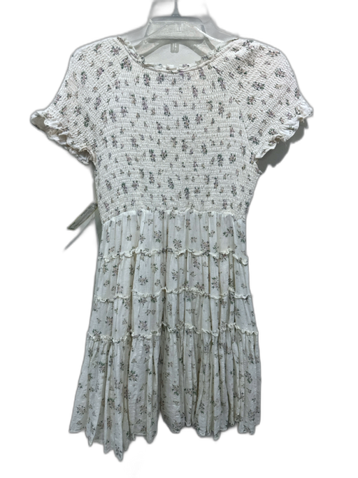 En Saison Size Medium Cream Print Cotton Floral Short Sleeve Smocked Dress Cream Print / Medium