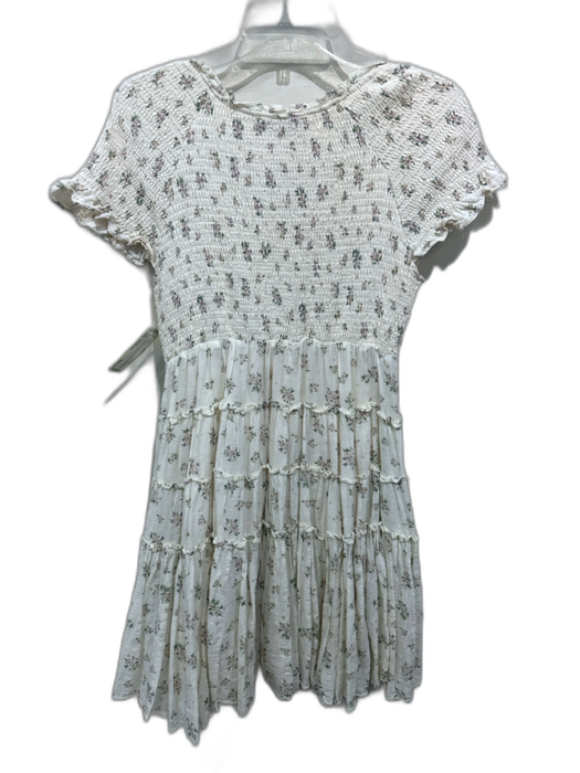 En Saison Size Medium Cream Print Cotton Floral Short Sleeve Smocked Dress Cream Print / Medium