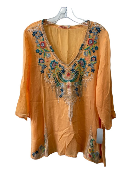 Johnny Was Size L Orange & Multi Rayon Floral Embroidered V Neck 3/4 Sleeve Top Orange & Multi / L