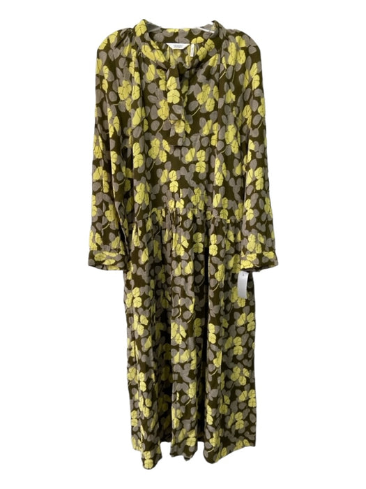 Toast Size 14 Olive Green, Yellow, Gray Viscose Front Tie Floral V Neck Dress Olive Green, Yellow, Gray / 14