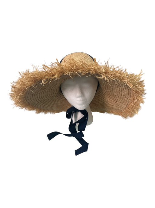 Lola Hats Tan & Navy Straw Frayed Hem Chin Tie sun hat Hat Tan & Navy