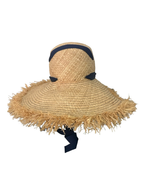 Lola Hats Tan & Navy Straw Frayed Hem Chin Tie sun hat Hat Tan & Navy