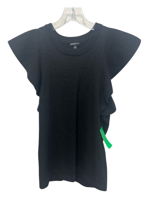 Minnierose Size L Black Cotton Blend Ruffle Cap Sleeve Glitter Crew Neck Top Black / L