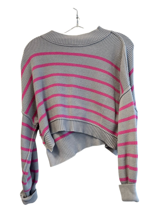 Free People Size XS Gray & Fuschia Cotton Blend Round Neck Long Sleeve Sweater Gray & Fuschia / XS