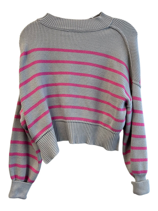 Free People Size XS Gray & Fuschia Cotton Blend Round Neck Long Sleeve Sweater Gray & Fuschia / XS