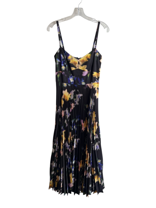 ML Monique Lhuillier Size 6 Black & Multi Polyester Pleated Floral Print Dress Black & Multi / 6