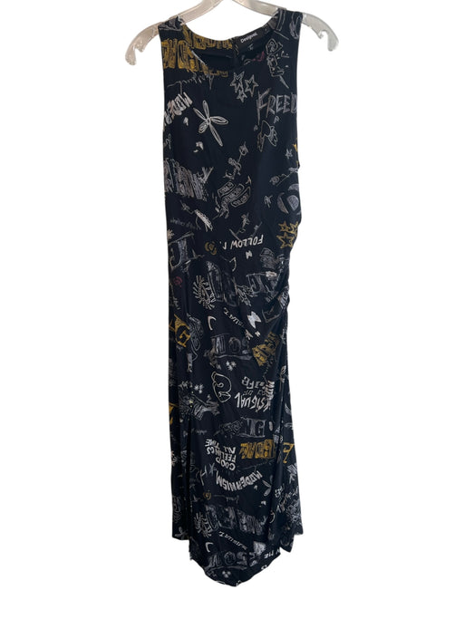 Desigual Size S Black & Multi Viscose Round Neck Doodle Sleeveless Dress Black & Multi / S