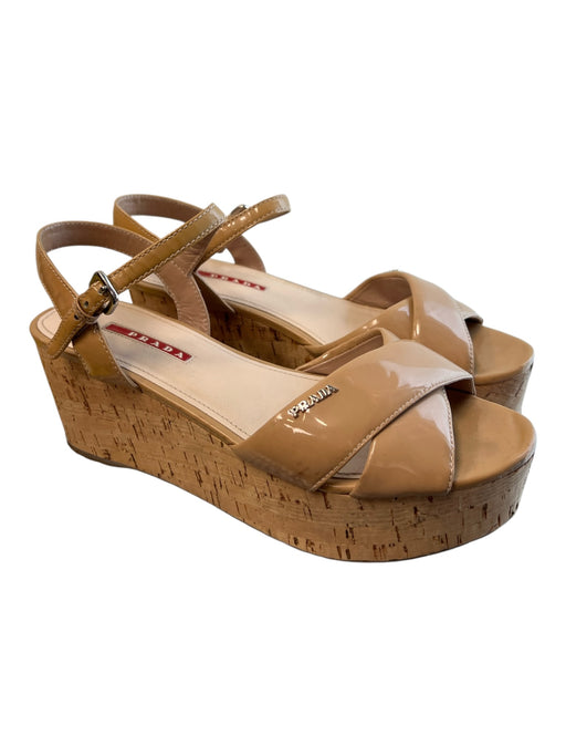 Prada Shoe Size Est 7.5 Beige Leather & Cork Platform Ankle Strap Open Toe Shoes Beige / Est 7.5