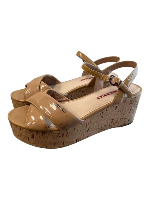 Prada Shoe Size Est 7.5 Beige Leather & Cork Platform Ankle Strap Open Toe Shoes Beige / Est 7.5
