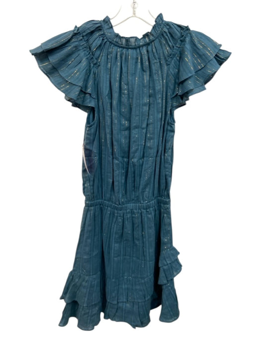 Karina Grimaldi Size S Blue & Gold Cotton Ruffle Cap Sleeve Split Neck Dress Blue & Gold / S