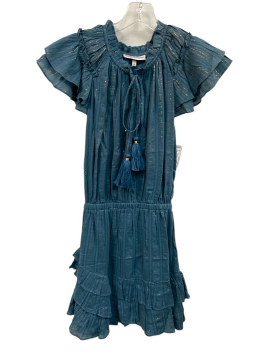 Karina Grimaldi Size S Blue & Gold Cotton Ruffle Cap Sleeve Split Neck Dress Blue & Gold / S