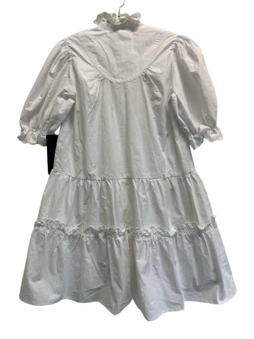 Pomander Place Size XS White Cotton Short Puff Sleeve Ruffle mock neck Dress White / XS