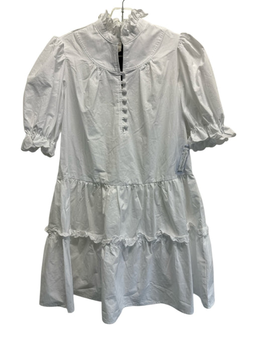 Pomander Place Size XS White Cotton Short Puff Sleeve Ruffle mock neck Dress White / XS
