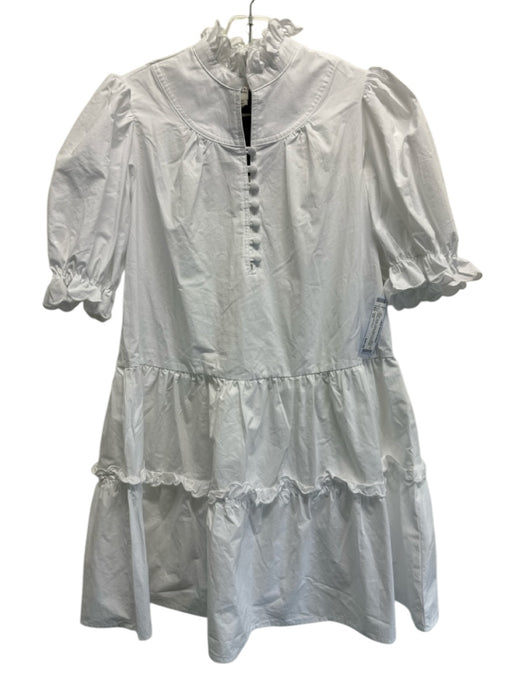 Pomander Place Size XS White Cotton Short Puff Sleeve Ruffle mock neck Dress White / XS