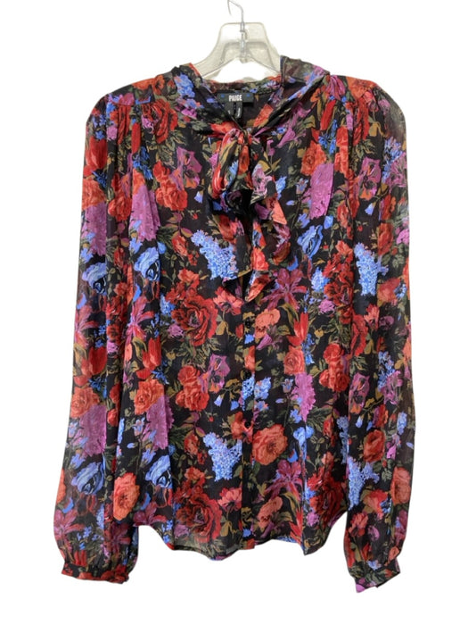 Paige Size S Black & Multi Silk Floral Long Balloon Sleeve Button Up Top Black & Multi / S