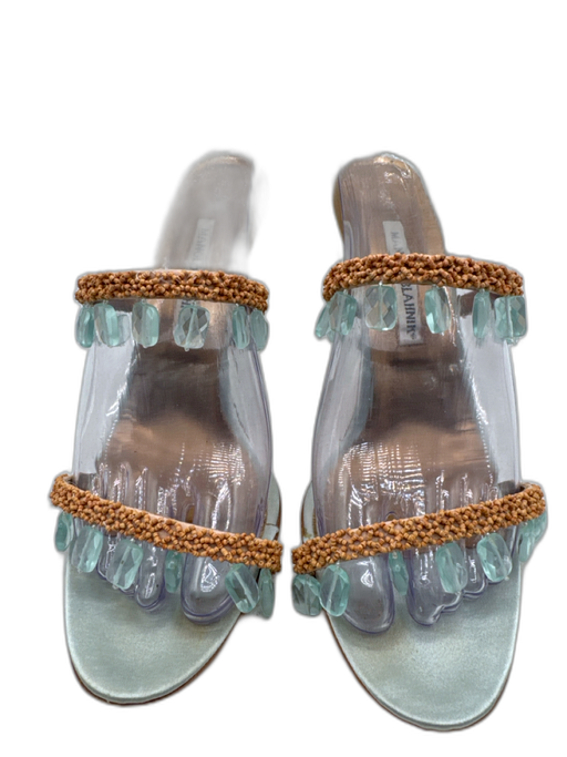 Manolo Blahnik Shoe Size 39.5 Aqua Blue & Beige textile upper Beaded Sandals Aqua Blue & Beige / 39.5
