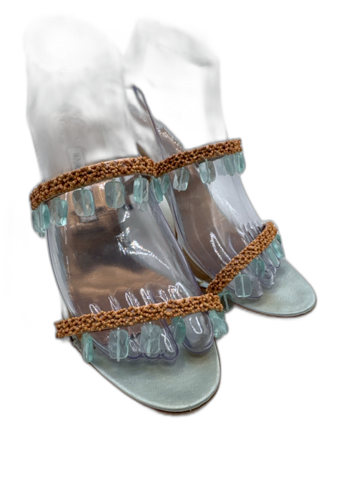 Manolo Blahnik Shoe Size 39.5 Aqua Blue & Beige textile upper Beaded Sandals Aqua Blue & Beige / 39.5