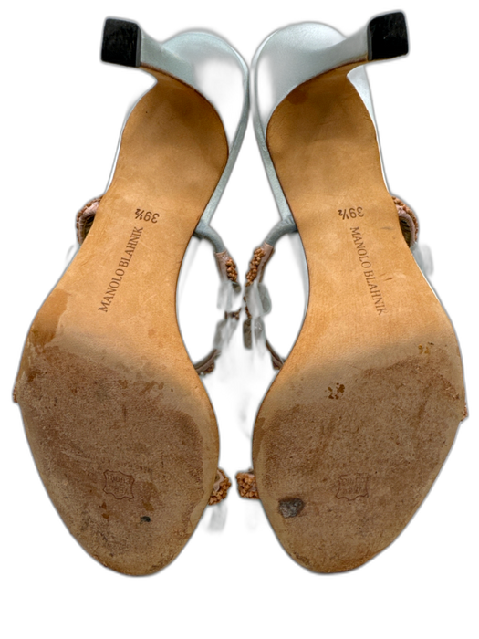 Manolo Blahnik Shoe Size 39.5 Aqua Blue & Beige textile upper Beaded Sandals Aqua Blue & Beige / 39.5