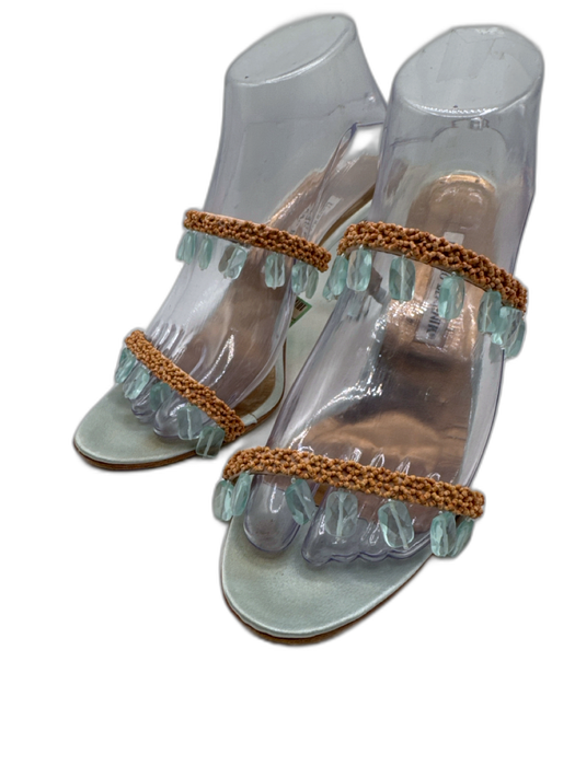 Manolo Blahnik Shoe Size 39.5 Aqua Blue & Beige textile upper Beaded Sandals Aqua Blue & Beige / 39.5