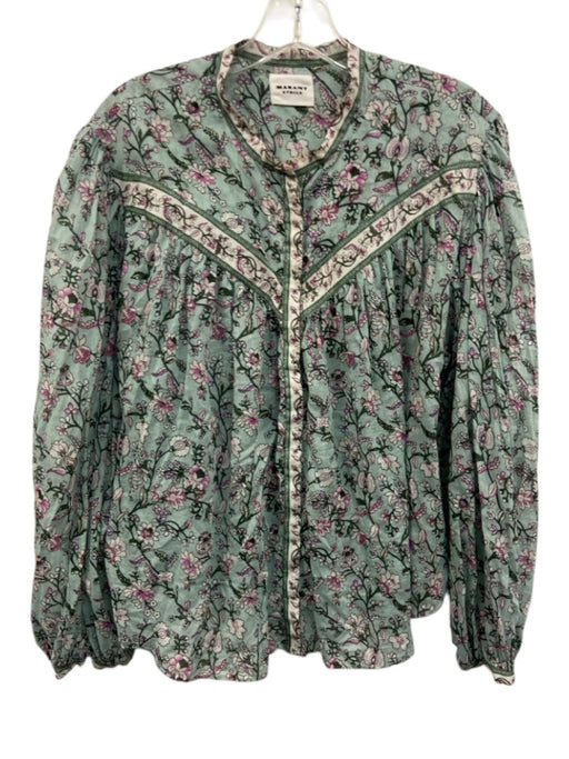 Isabel Marant Etoile Size 38 Aqua Blue & Multi Cotton Floral Button Front Top Aqua Blue & Multi / 38