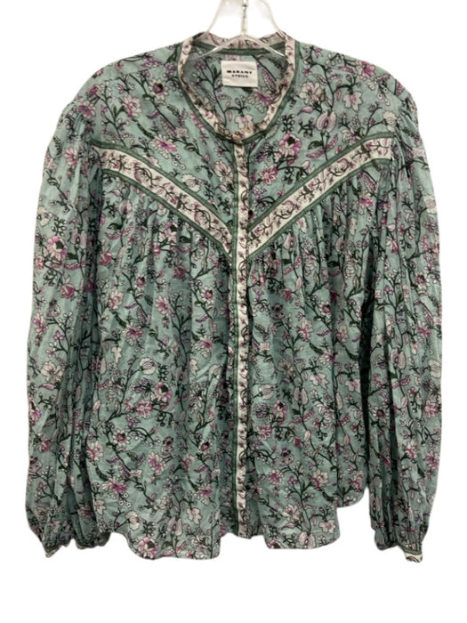 Isabel Marant Etoile Size 38 Aqua Blue & Multi Cotton Floral Button Front Top Aqua Blue & Multi / 38