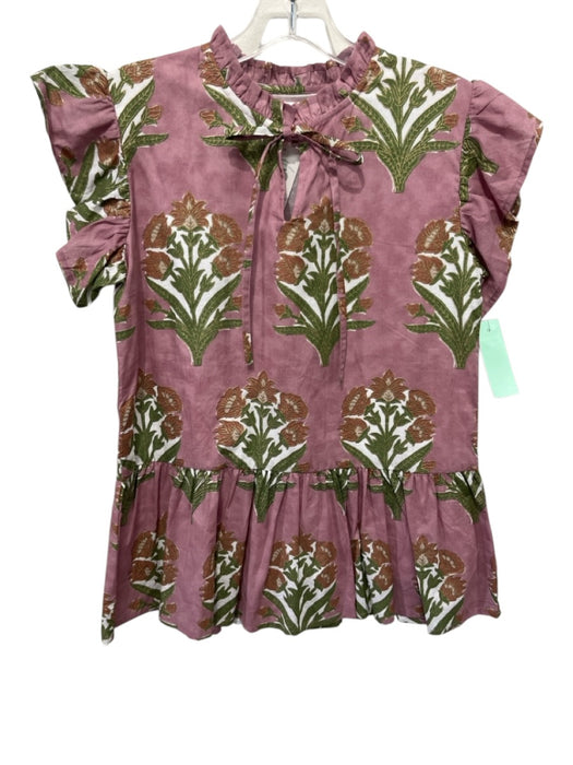 Victoria Dunn Size XS Purple, Green, White Cotton Ruffle Trim Flowers Top Purple, Green, White / XS