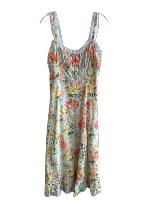 Anthropologie Size M Green Orange Yellow Polyester & Viscose Lace Trim Dress Green Orange Yellow / M