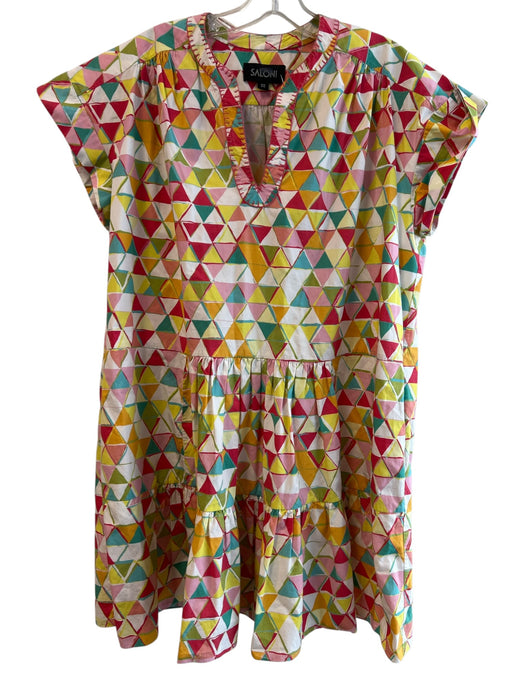 Saloni Size 4 Multi Cotton V Neck Stich Detail Cap Sleeve Geometric Print Dress Multi / 4