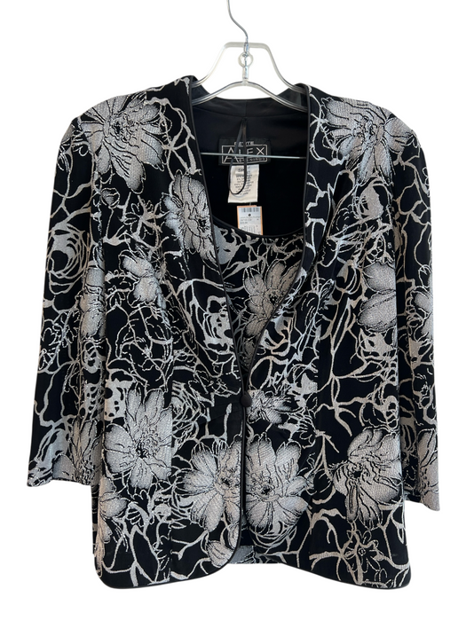 Alex Evenings Black & Grey Acetate Shimmer Open Front Floral Tank Top Jacket Set Black & Grey / SP